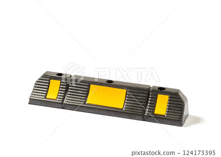 Durable Rubber Parking Block with Reflective Yellow Markings for Safety in Parking Spaces and Traffic Management to Enhance Visibility and Prevent Accidents at Parking Lots. Durable Rubber Parking Block with Reflective Yellow Markings for Safety in Parking Spaces and Traffic Management to Enhance Visibility and Prevent Accidents at Parking Lots. 124173395