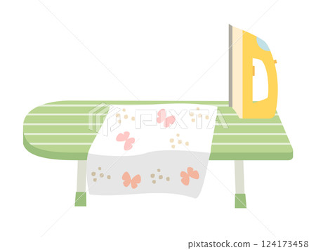 An illustration combining a standing iron, ironing board and fabric 124173458