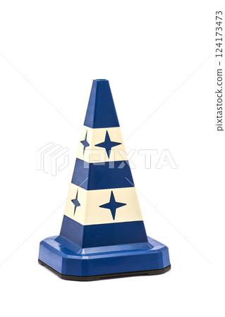 Stylish Traffic Cone with Blue and Cream Color Scheme Featuring Stars - A Unique Safety Warning Sign for Urban Settings and Events 124173473
