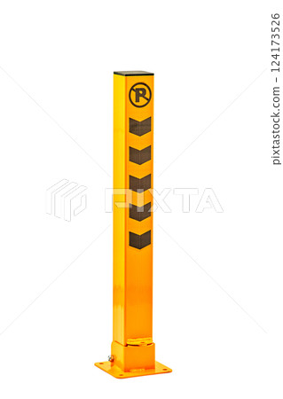Vertical Yellow Parking Barrier Post with Chevrons and Registered Trademark Logo for Enhanced Visibility in Vehicle Management Systems and Parking Areas Vertical Yellow Parking Barrier Post with Chevrons and Registered Trademark Logo for Enhanced Visibility in Vehicle Management Systems and Parking Areas 124173526