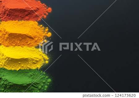 Vibrant Colorful Powders Arranged in Bands on a Black Background for Artistic and Creative Use 124173620