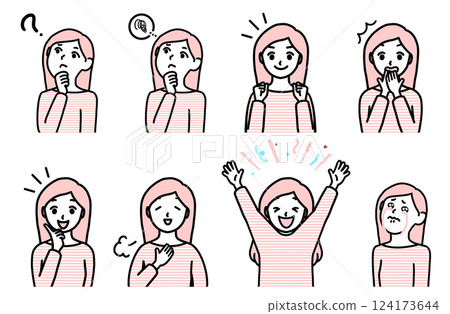 Women with various expressions, line drawings, pink Women with various expressions, line drawings, pink 124173644