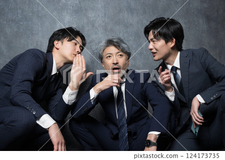 An image of internal politics between bosses and subordinates discussing rumors about transfers and demotions. Office worker: "Is that true?" 124173735