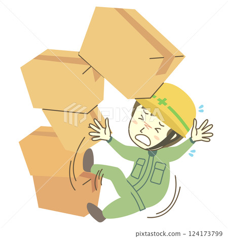 A male construction worker is injured when a pile of cardboard boxes falls over 124173799