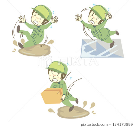 Set of male deliverymen slipping on oily and slippery floors 124173899