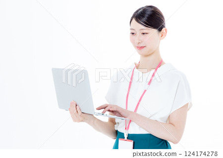 Career woman, computer, white background Career woman, computer, white background 124174278