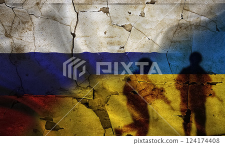 Russia vs Ukraine flag on cracked wall, concept of war between russia and ukraine, silhouette of soldiers on russia vs ukraine flag 124174408
