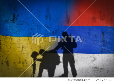 Russia vs Ukraine flag on cracked wall, concept of war between russia and ukraine, silhouette of soldiers on russia vs ukraine flag 124174409