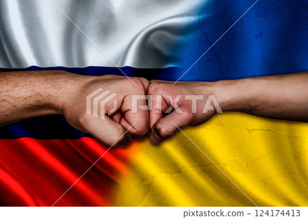 Russia vs Ukraine Two fists bumping, Russia vs Ukraine political conflict, Russia vs Ukraine flag, Russia vs Ukraine concept 124174413