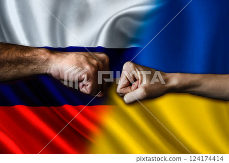Russia vs Ukraine two fists bumping, Russia vs Ukraine political conflict, Russia vs Ukraine flag, Russia vs Ukraine concept 124174414