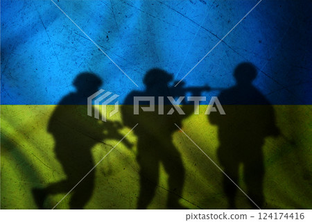 Russia vs Ukraine flag on cracked wall, concept of war between russia and ukraine, silhouette of soldiers on russia vs ukraine flag 124174416