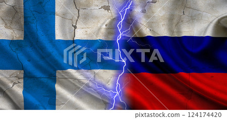 Flag of Russia vs Finland, concept of confrontation between Russia and Finland, cracked wall with flag of russia and finland, confrontation between russia vs finland 124174420