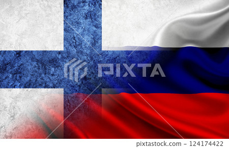 Concept of confrontation between Russia and Finland, Russia vs Finland flag, cracked wall with russia and finland flag, confrontation between russia vs finland 124174422