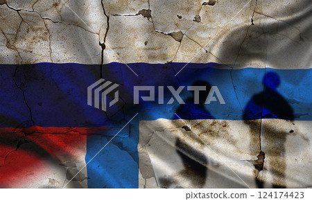 Concept of war between Russia and Finland, silhouette of soldiers on russia vs finland flag, Russia vs Finland flag, cracked wall with russia and finland flag, confrontation between russia vs finland Concept of war between Russia and Finland, silhouette of soldiers on russia vs finland flag, Russia vs Finland flag, cracked wall with russia and finland flag, confrontation between russia vs finland 124174423