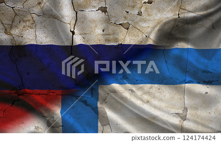 Concept of war between Russia and Finland, Russia vs Finland flag, cracked wall with russia and finland flag, confrontation between russia vs finland 124174424