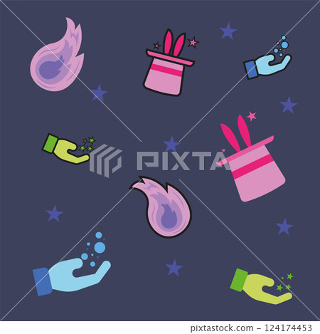 Colored pattern background with different magic icons Colored pattern background with different magic icons 124174453