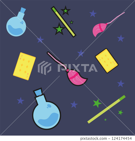 Colored pattern background with different magic icons 124174454