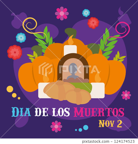 Pumpkin altar with candles and pan de muerto. Vector 124174523