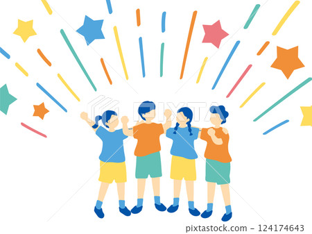 孩子們互相摟著站著，舉起拳頭 124174643