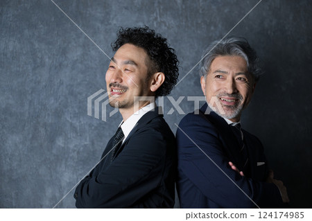 President, CEO and next manager candidate standing back to back with arms crossed - Executive job change recruitment image 124174985