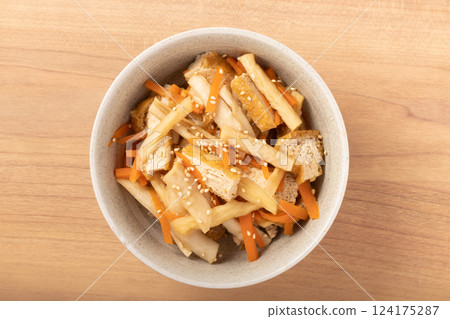 Simmered dried daikon strips and fried tofu Simmered dried daikon strips and fried tofu 124175287