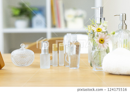 Cosmetic bottles on a table (no people) 124175516
