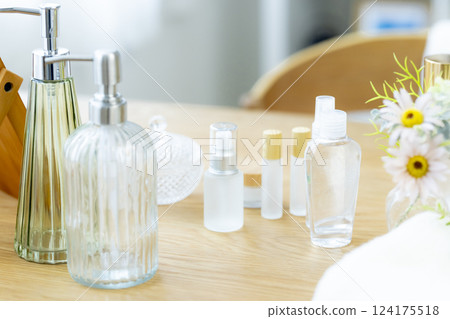 Cosmetic bottles on a table (no people) 124175518