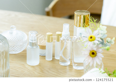 Cosmetic bottles on a table (no people) 124175521