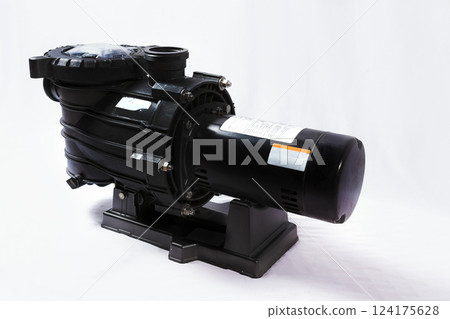 Pool water pump on isolated background. Sand filter pump for swimming pool on isolated background. Compressor for pool cleaning isolated, Electric pump for swimming pool on white background 124175628