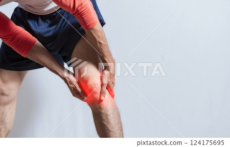 Person with leg muscle pain isolated. Sore man with leg muscle pain. People with leg muscle inflammation isolated. Muscle tear concept, Medical problem of man with leg muscle pain 124175695