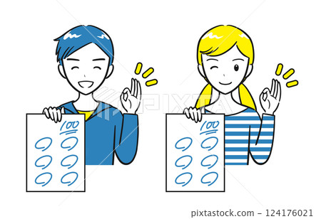 A set of elementary school boys and girls smiling and showing a test they got 100 points on (simple) A set of elementary school boys and girls smiling and showing a test they got 100 points on (simple) 124176021