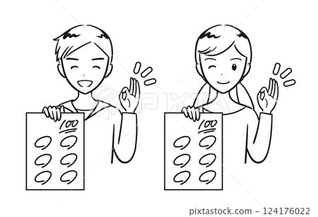 A set of elementary school boys and girls smiling and showing a test they got 100 points on (line drawing) A set of elementary school boys and girls smiling and showing a test they got 100 points on (line drawing) 124176022