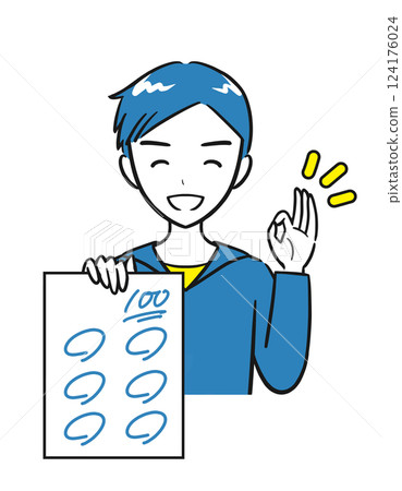 一名小學男孩微笑著展示他獲得 100 分的試卷(簡單) 一名小學男孩微笑著展示他獲得 100 分的試卷(簡單) 124176024