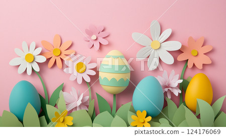 Pastel colored Easter eggs and spring flower decoration craft art style Pastel colored Easter eggs and spring flower decoration craft art style 124176069