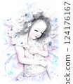 A fairy hugging herself with a flower and looking down 124176167