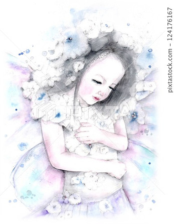 A fairy hugging herself with a flower and looking down 124176167