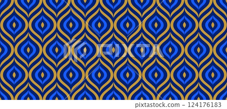 Seamless art deco feather pattern. Navy and gold geometric leaves background for design textile, fabric swatch, scarf cloth, print template. Blue color repeating floral wallpaper. Vector backdrop 124176183