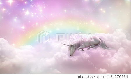 A pink and white unicorn standing on a fantastic cloud 124176384