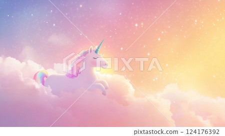 一隻粉紅色和白色的獨角獸站在一朵奇妙的雲上 124176392