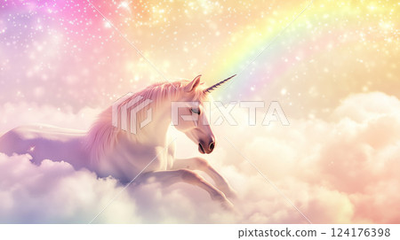 A pink and white unicorn standing on a fantastic cloud 124176398