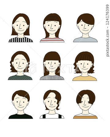 Drawings of women with different hairstyles and different clothes 124176399