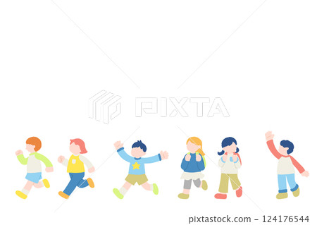 Flat illustrations (set) of children running happily 124176544