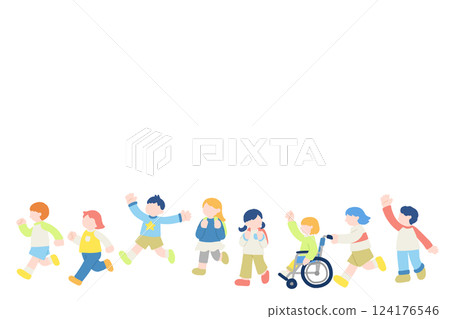 孩子們快樂奔跑的平面插圖(組) 孩子們快樂奔跑的平面插圖(組) 124176546
