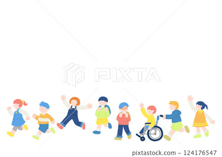 孩子們快樂奔跑的平面插圖（組） 124176547