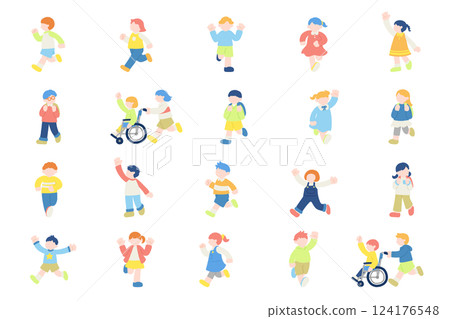 Flat illustrations (set) of children running happily 124176548
