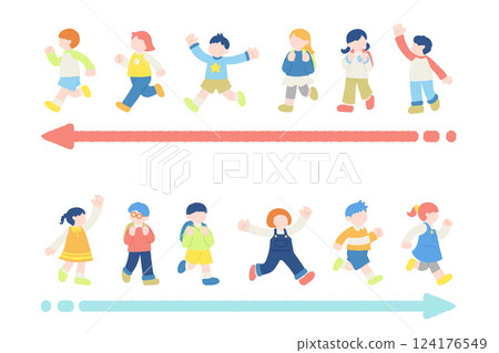 Flat illustrations of children running happily and arrows (set) 124176549