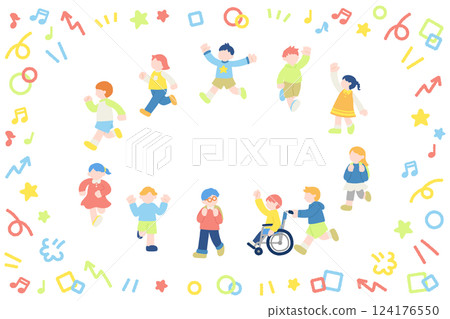 Flat illustration (set) of children running happily and icons 124176550