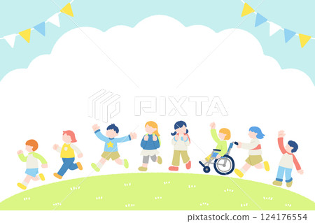 孩子們在外面快樂奔跑和花環的平面插圖（組） 124176554