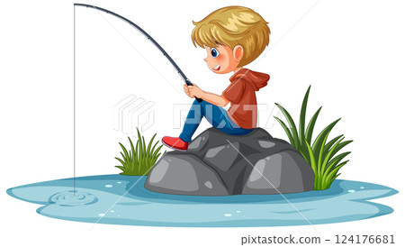 Young Boy Fishing by the Lake 124176681
