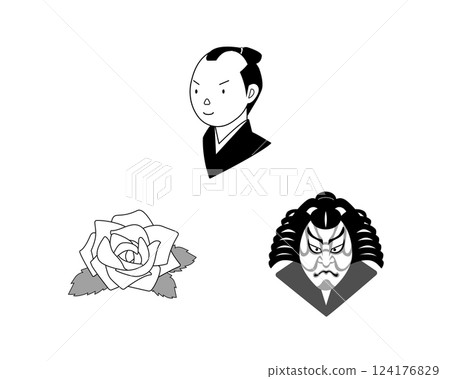 Set of monochrome illustrations of first dreams (chonmage, roses, kabuki) Set of monochrome illustrations of first dreams (chonmage, roses, kabuki) 124176829